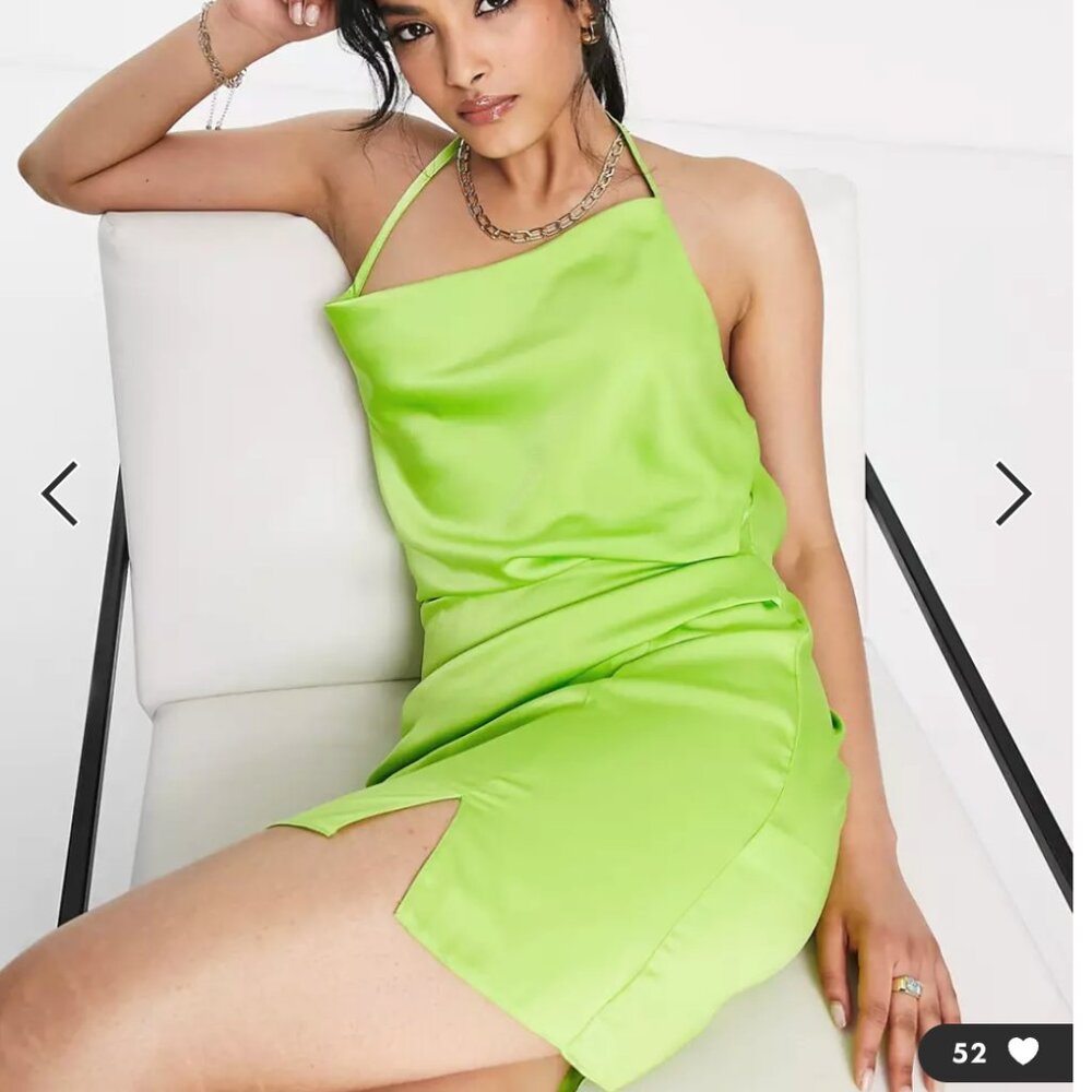 ASOS DESIGN satin halter neck backless mini dress with waist detail in lime
